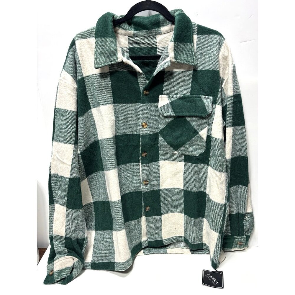 Plaid Jacket Green White Button Up Western Farm Fall Casual Layer Style New